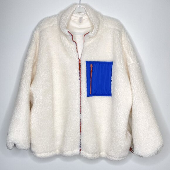 Fabletics Rylan Faux Sherpa Jacket 2X Cream Blue Pocket Zip Teddy Fleece Cozy - Picture 1 of 9